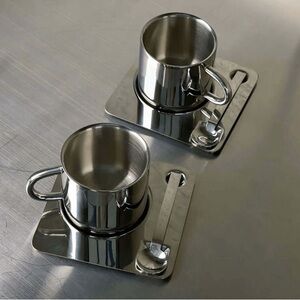 Sleek Silver Cappuccino Cup Set with Saucers and Spoons